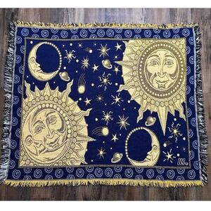 Vintage 90s Sun Moon Celestial Woven Throw Blanket Blue Gold Fringe Tapestry Art